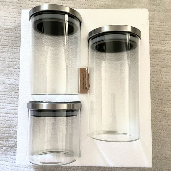 Short Stories Set of 3 Glass Canisters with Stainless Steel Lids Dishwasher Safe - Picture 2 of 11